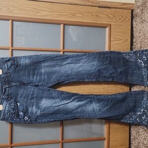 Grace in LA Dark Blue Flare Jeans with Blue And White Embroidery Pattern